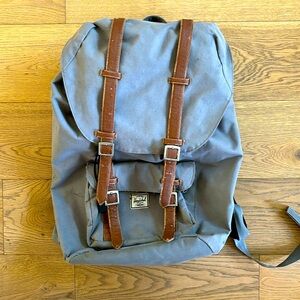 Hershel grey backpack with red and white ticking inside.
